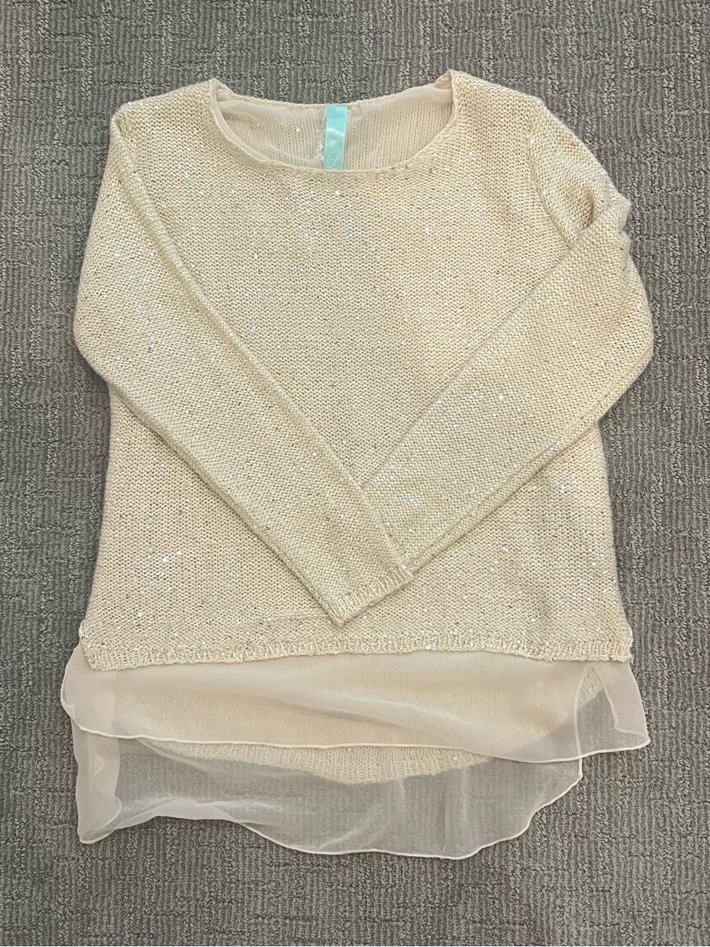 Light Cream Layered-Hem Knit Sweater with Sheer Trim